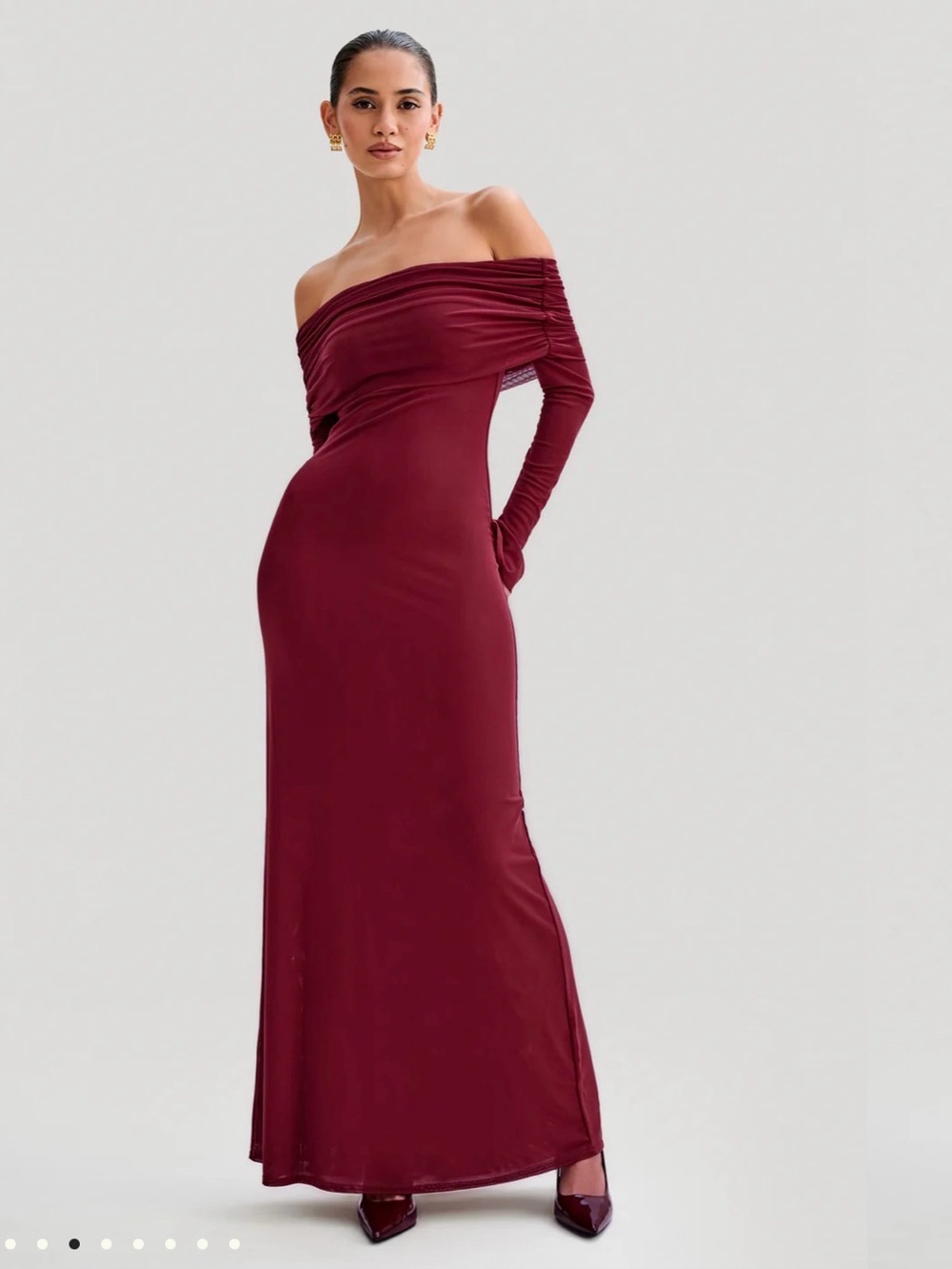 Meshki Burgundy Off Shoulder Maxi Dress